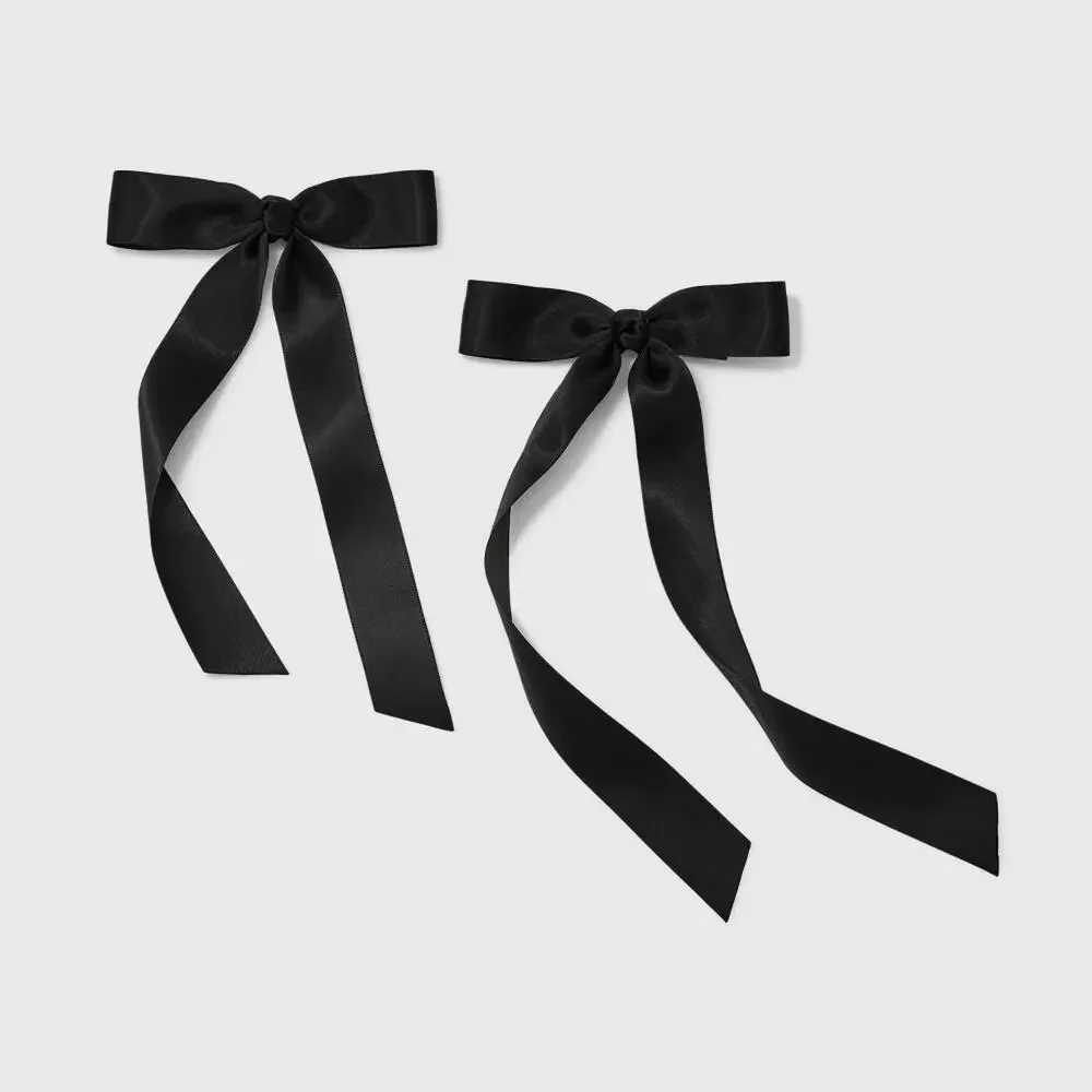 A New Day Women's Satin Long Bow Hair Clip Set 2pc Black